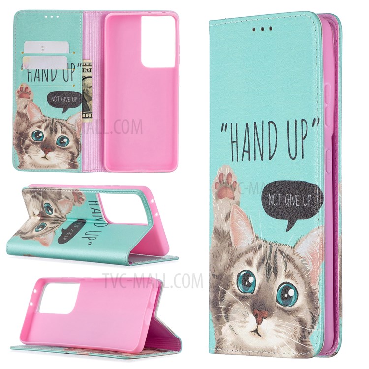 Automatic Suction PU Leather Wallet Stand Phone Case with Pattern Printing for Samsung Galaxy S21 Ultra 5G - Cat-1