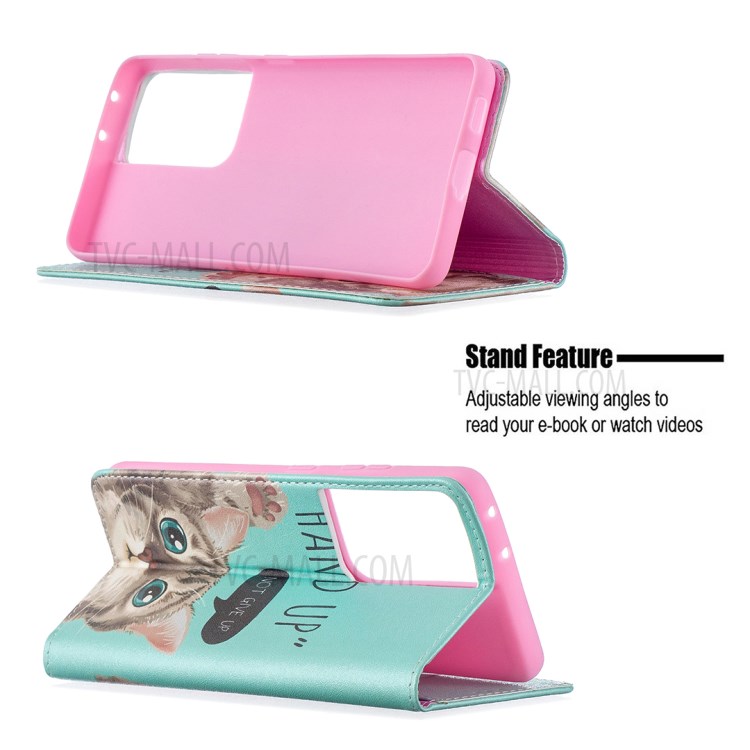 Automatic Suction PU Leather Wallet Stand Phone Case with Pattern Printing for Samsung Galaxy S21 Ultra 5G - Cat-2