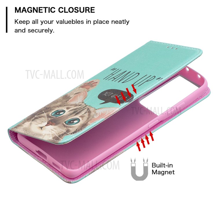 Automatic Suction PU Leather Wallet Stand Phone Case with Pattern Printing for Samsung Galaxy S21 Ultra 5G - Cat-3