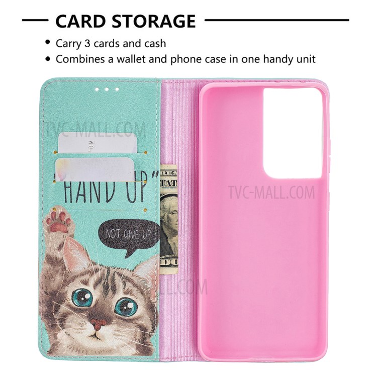 Automatic Suction PU Leather Wallet Stand Phone Case with Pattern Printing for Samsung Galaxy S21 Ultra 5G - Cat-4