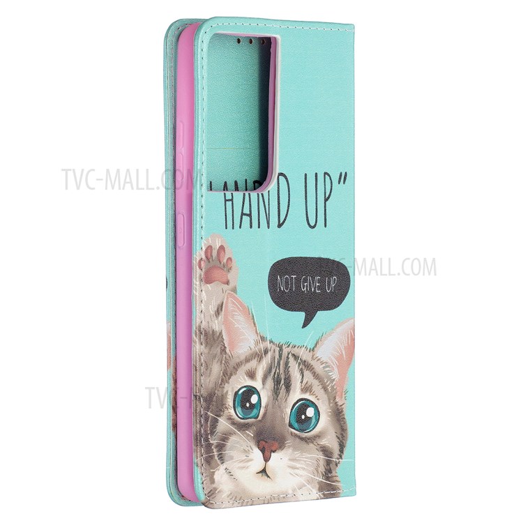 Automatic Suction PU Leather Wallet Stand Phone Case with Pattern Printing for Samsung Galaxy S21 Ultra 5G - Cat-8