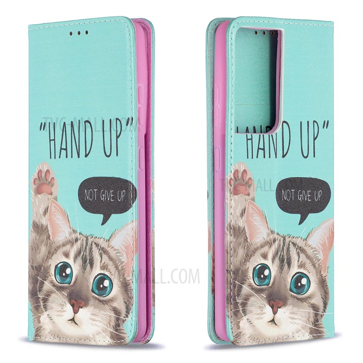 Automatic Suction PU Leather Wallet Stand Phone Case with Pattern Printing for Samsung Galaxy S21 Ultra 5G - Cat-9
