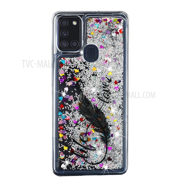 Fashionable Pattern Embossment + Glitter Powder Quicksand TPU Phone Protective Cover Shell for Samsung Galaxy A21s - Feather-1
