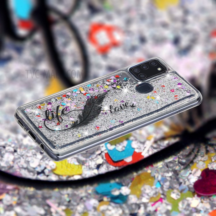 Fashionable Pattern Embossment + Glitter Powder Quicksand TPU Phone Protective Cover Shell for Samsung Galaxy A21s - Feather-4