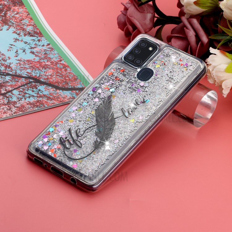Fashionable Pattern Embossment + Glitter Powder Quicksand TPU Phone Protective Cover Shell for Samsung Galaxy A21s - Feather-5