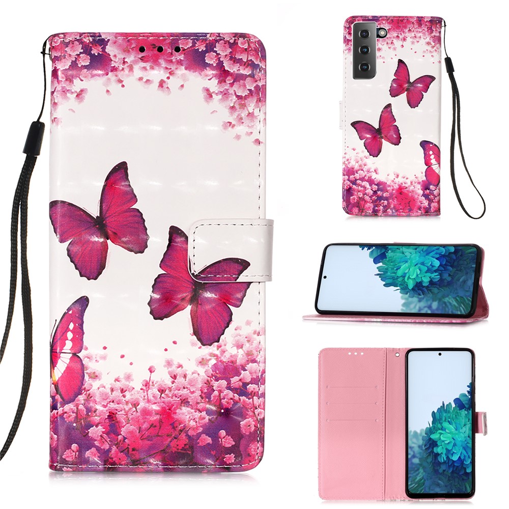 Pattern Printing Design Leather Wallet Phone Stand Case with Lanyard for Samsung Galaxy S21 Plus - Rose Butterfly-1