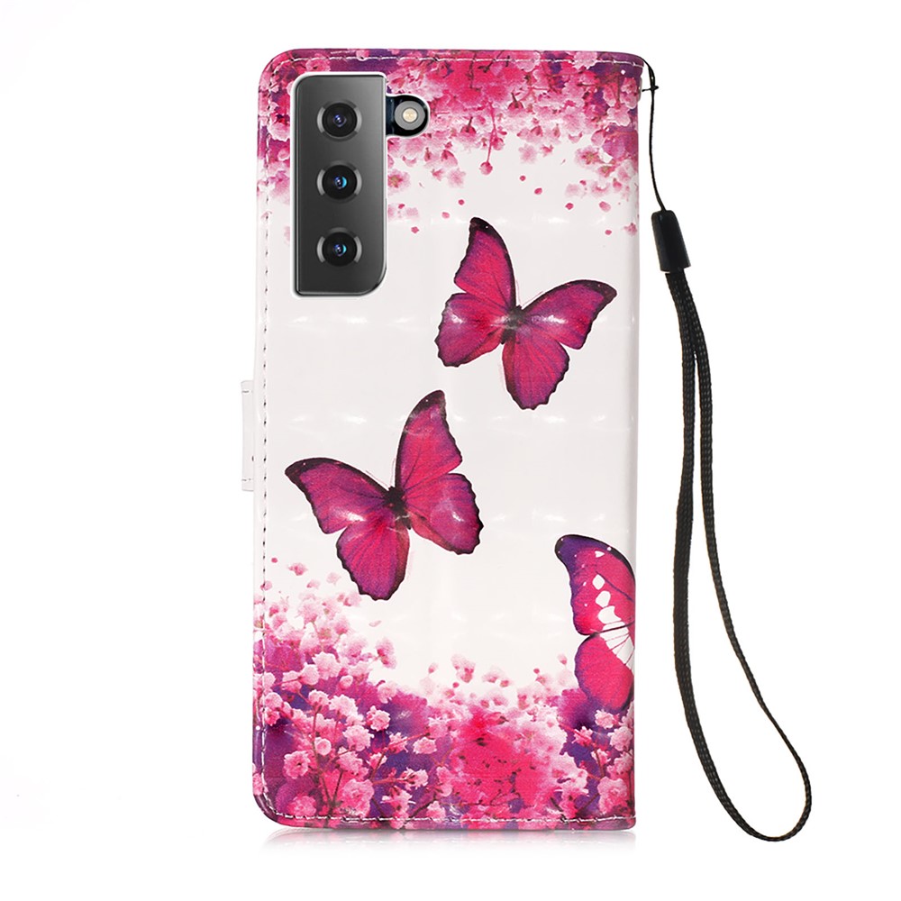 Pattern Printing Design Leather Wallet Phone Stand Case with Lanyard for Samsung Galaxy S21 Plus - Rose Butterfly-3
