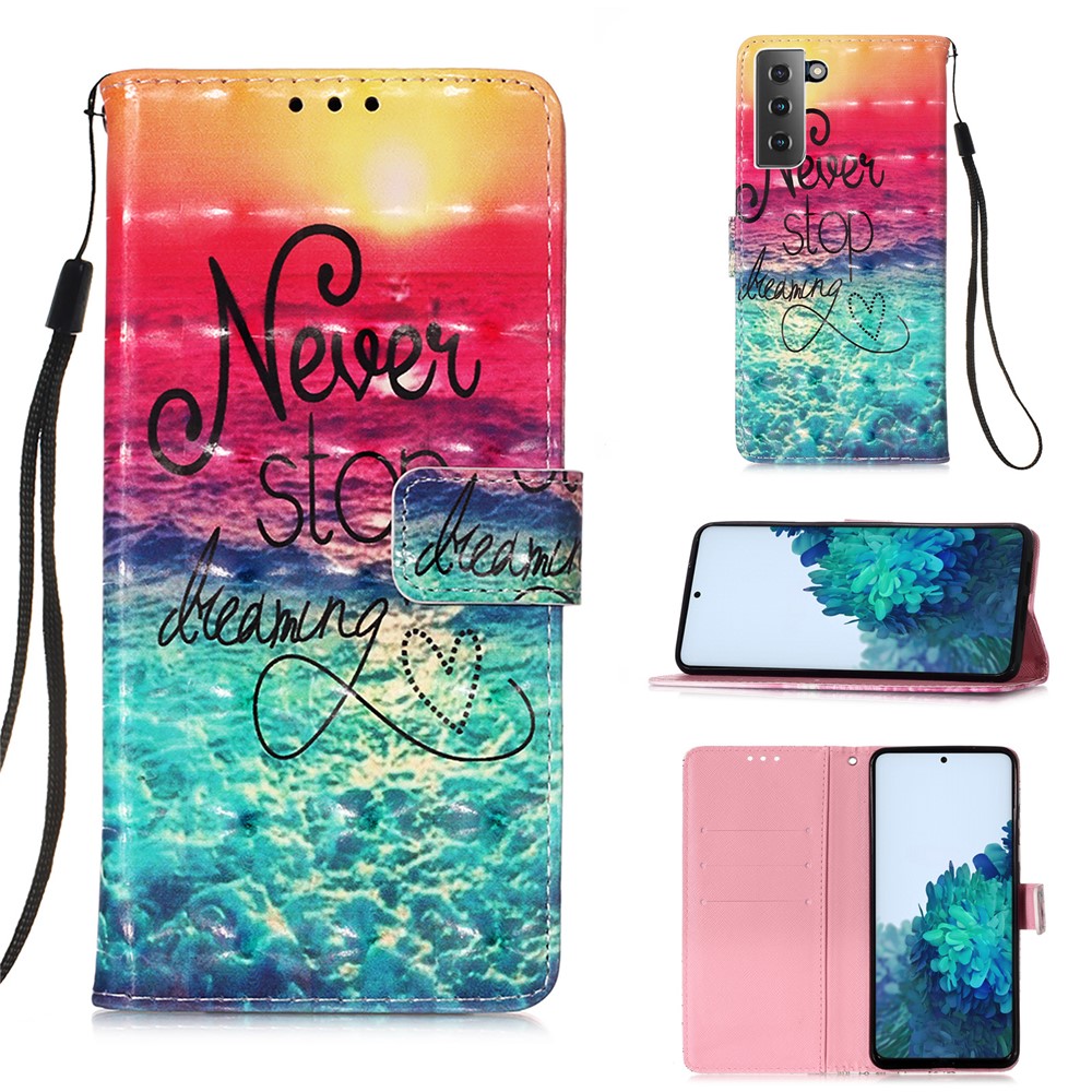 Pattern Printing Design Leather Wallet Phone Stand Case with Lanyard for Samsung Galaxy S21 Plus 5G - Sea of Clouds/Colorful-1