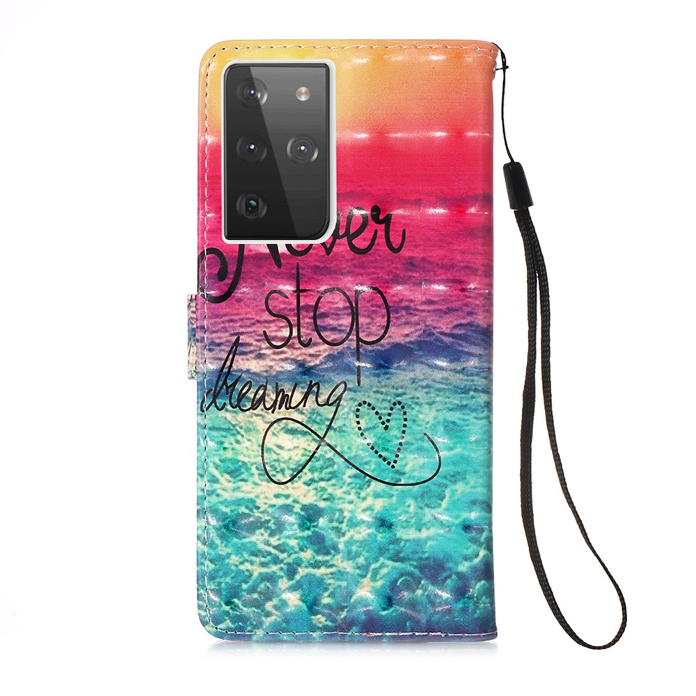 Pattern Printing Leather Wallet Stand Design Phone Case with Lanyard for Samsung Galaxy S21 Ultra - Sea of Clouds/Colorful-3