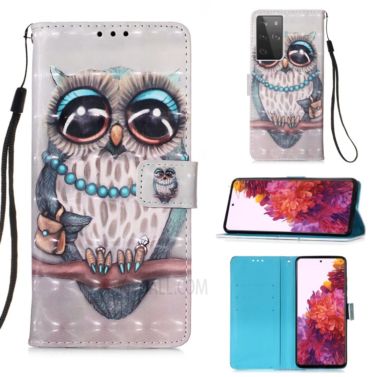 Pattern Printing Leather Wallet Stand Design Phone Case with Lanyard for Samsung Galaxy S21 Ultra 5G - Owl-1