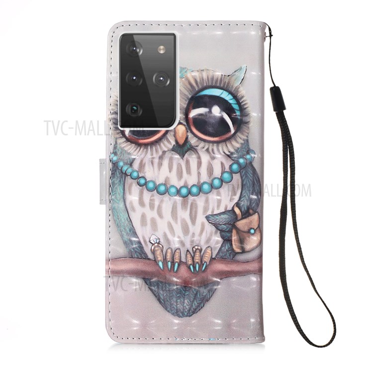 Pattern Printing Leather Wallet Stand Design Phone Case with Lanyard for Samsung Galaxy S21 Ultra 5G - Owl-3