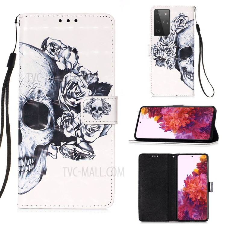 Pattern Printing Leather Wallet Stand Design Phone Case with Lanyard for Samsung Galaxy S21 Ultra 5G - Skull and Flowers-1