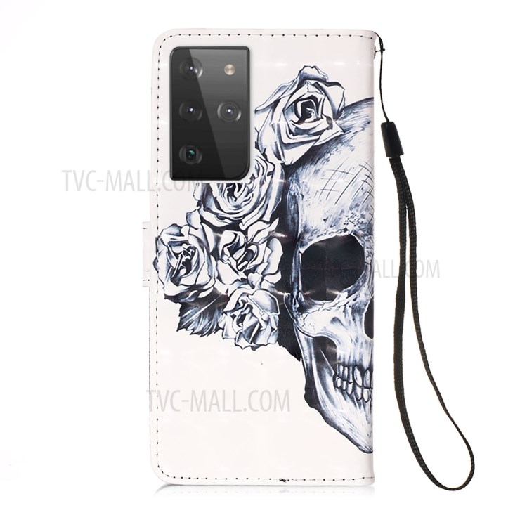 Pattern Printing Leather Wallet Stand Design Phone Case with Lanyard for Samsung Galaxy S21 Ultra 5G - Skull and Flowers-3