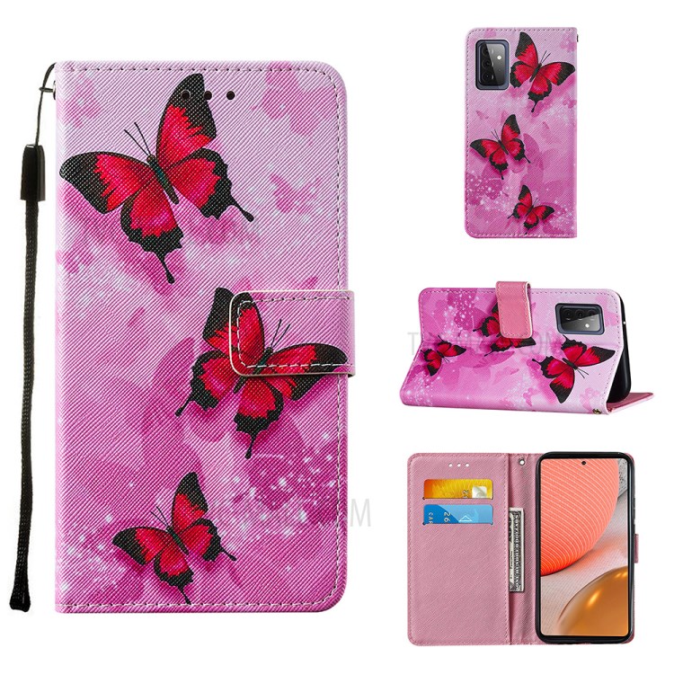Wallet Stand Design Cross Texture Leather Phone Protective Case with Pattern Printing for Samsung Galaxy A72 5G - Red Butterfly-1