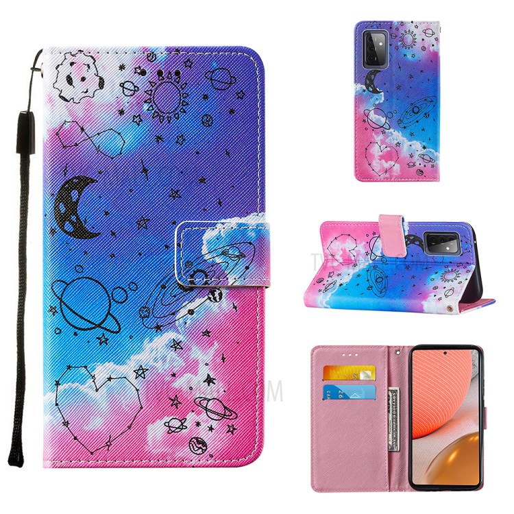 Wallet Stand Design Cross Texture Leather Phone Protective Case with Pattern Printing for Samsung Galaxy A72 5G - Stars-1