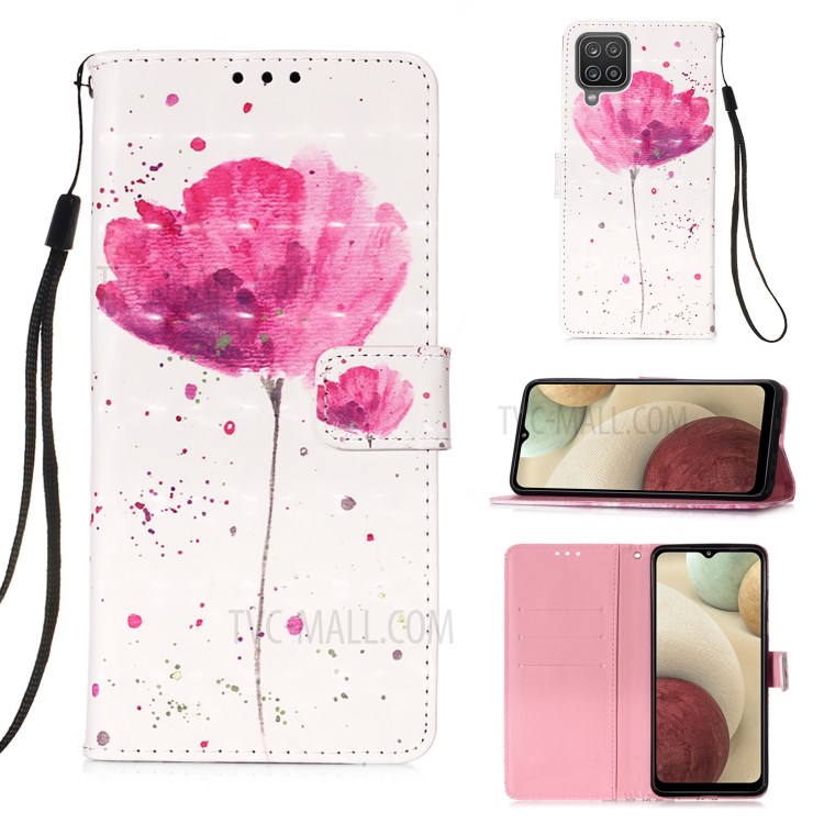 Lanyard Design Pattern Printing Design Leather Phone Case with Wallet and Stand for Samsung Galaxy A12 - Flower-1
