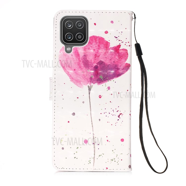 Lanyard Design Pattern Printing Design Leather Phone Case with Wallet and Stand for Samsung Galaxy A12 - Flower-3