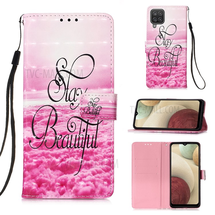 Lanyard Design Pattern Printing Design Leather Phone Case with Wallet and Stand for Samsung Galaxy A12 - Sea of Clouds/Rose-1