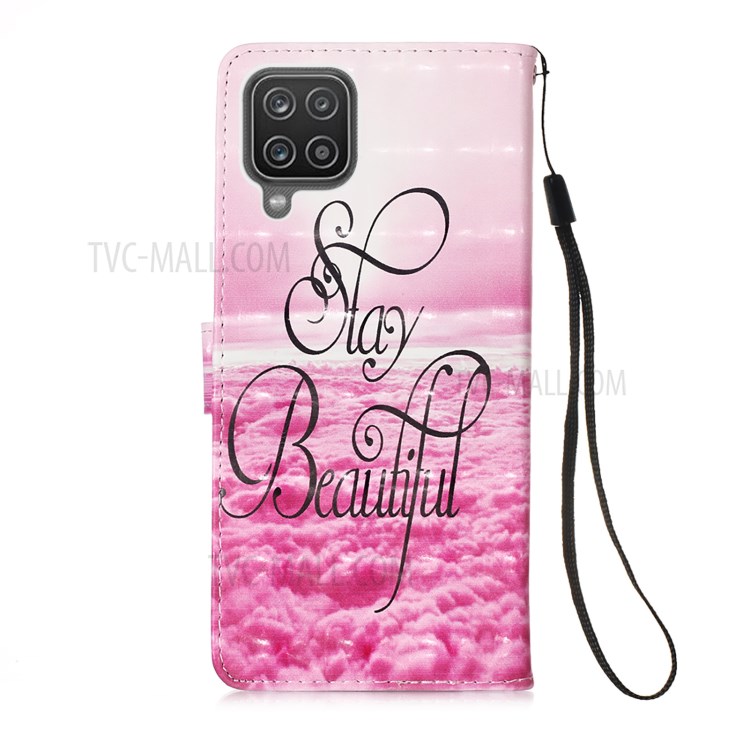 Lanyard Design Pattern Printing Design Leather Phone Case with Wallet and Stand for Samsung Galaxy A12 - Sea of Clouds/Rose-3