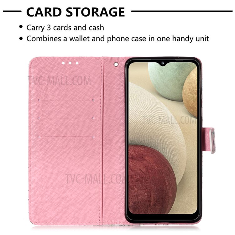 Lanyard Design Pattern Printing Design Leather Phone Case with Wallet and Stand for Samsung Galaxy A12 - Sea of Clouds/Rose-4