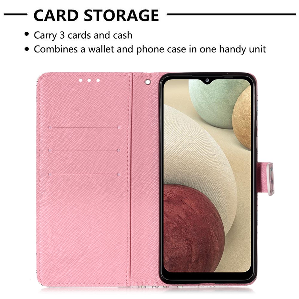 Lanyard Design Pattern Printing Design Leather Phone Case with Wallet and Stand for Samsung Galaxy A12 - Sea of Clouds/Colorful-4