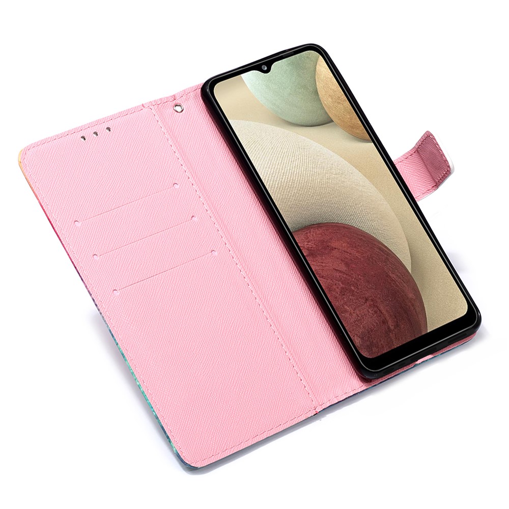 Lanyard Design Pattern Printing Design Leather Phone Case with Wallet and Stand for Samsung Galaxy A12 - Sea of Clouds/Colorful-6