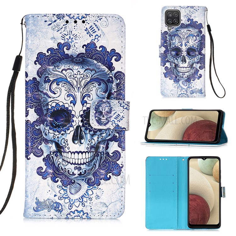 Lanyard Design Pattern Printing Design Leather Phone Case with Wallet and Stand for Samsung Galaxy A12 - Skull-1