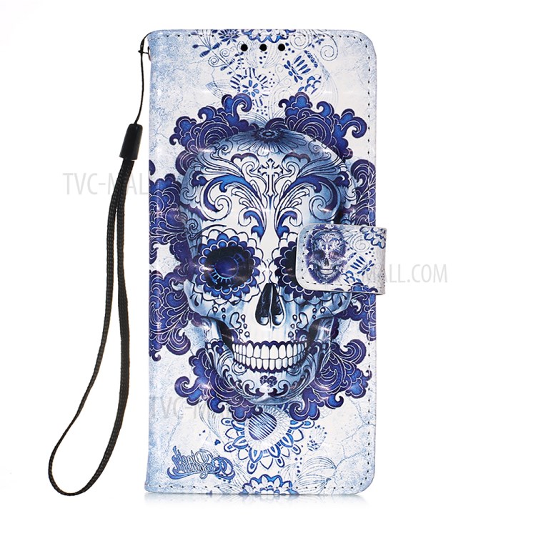 Lanyard Design Pattern Printing Design Leather Phone Case with Wallet and Stand for Samsung Galaxy A12 - Skull-2