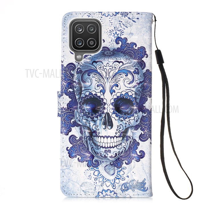 Lanyard Design Pattern Printing Design Leather Phone Case with Wallet and Stand for Samsung Galaxy A12 - Skull-3