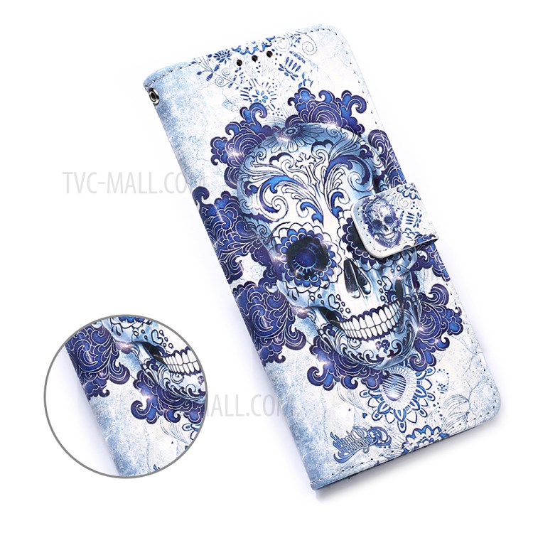 Lanyard Design Pattern Printing Design Leather Phone Case with Wallet and Stand for Samsung Galaxy A12 - Skull-7