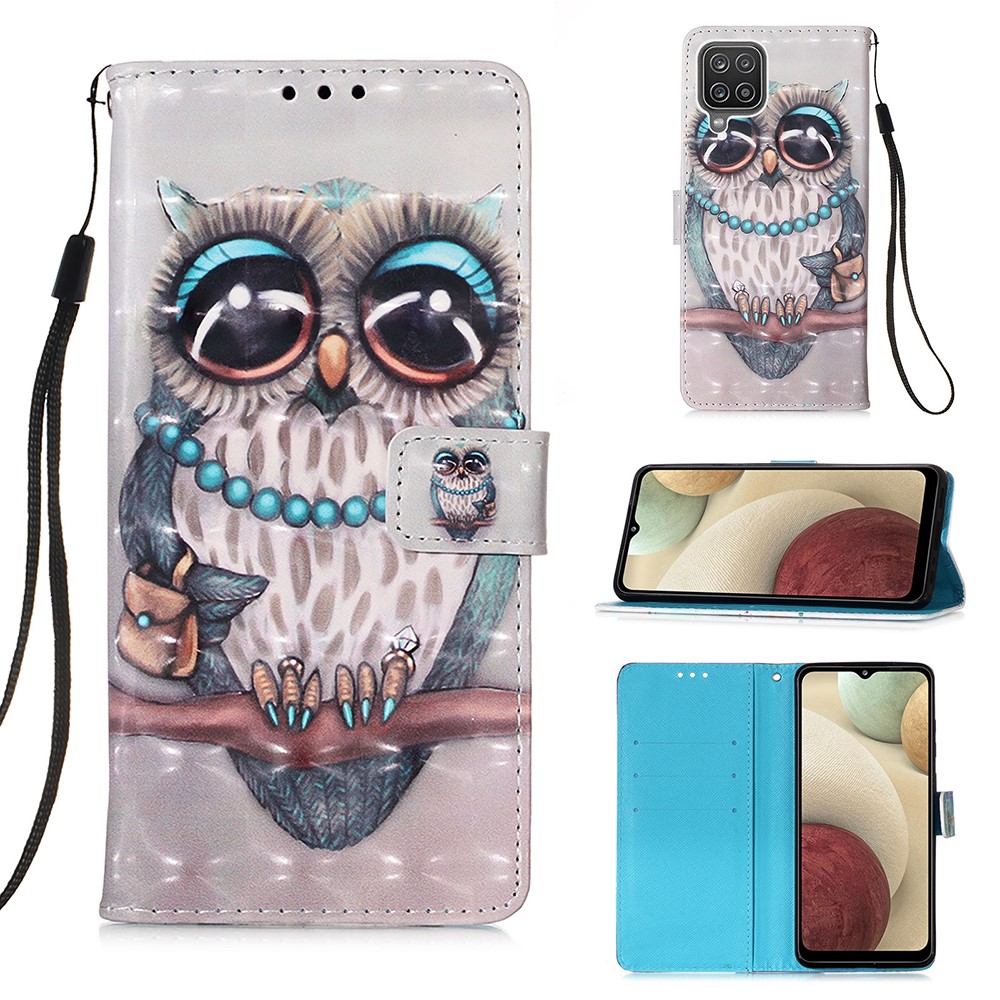 Lanyard Design Pattern Printing Design Leather Phone Case with Wallet and Stand for Samsung Galaxy A12 - Owl-1
