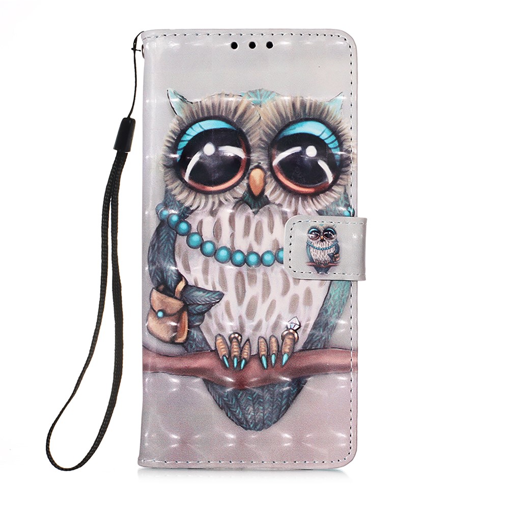 Lanyard Design Pattern Printing Design Leather Phone Case with Wallet and Stand for Samsung Galaxy A12 - Owl-2