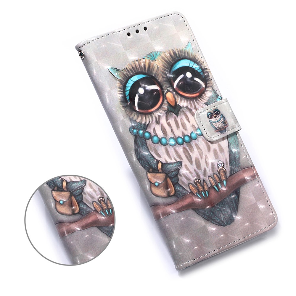 Lanyard Design Pattern Printing Design Leather Phone Case with Wallet and Stand for Samsung Galaxy A12 - Owl-7