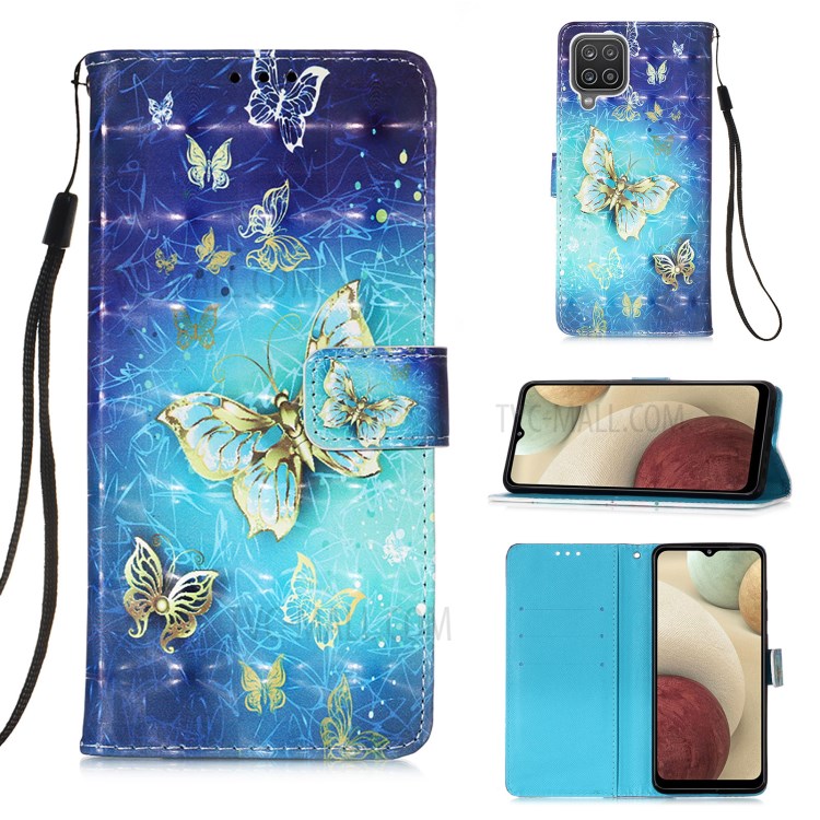 Lanyard Design Pattern Printing Design Leather Phone Case with Wallet and Stand for Samsung Galaxy A12 - Gold Butterfly-1