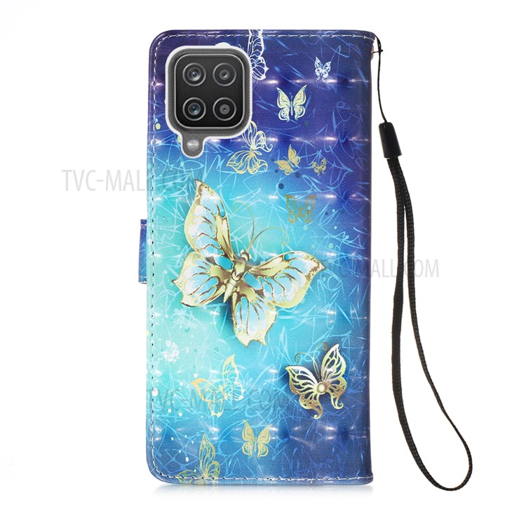 Lanyard Design Pattern Printing Design Leather Phone Case with Wallet and Stand for Samsung Galaxy A12 - Gold Butterfly-3