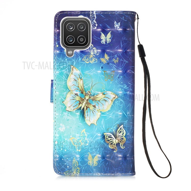 Lanyard Design Muster Printing Design Leder Telefonhülle Mit Brieftasche Und Stand Für Samsung Galaxy A12/M12 - Gold Schmetterling