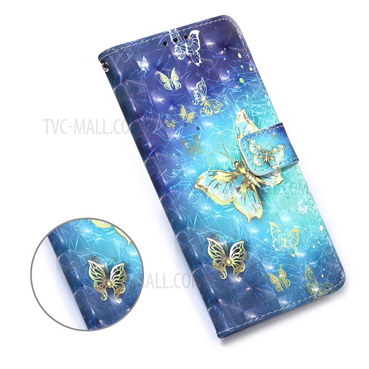 Lanyard Design Patrón de Impresión Diseño Caja de Teléfono de Cuero Con Billetera y Soporte Para Samsung Galaxy A12/M12 - Mariposa Dorada