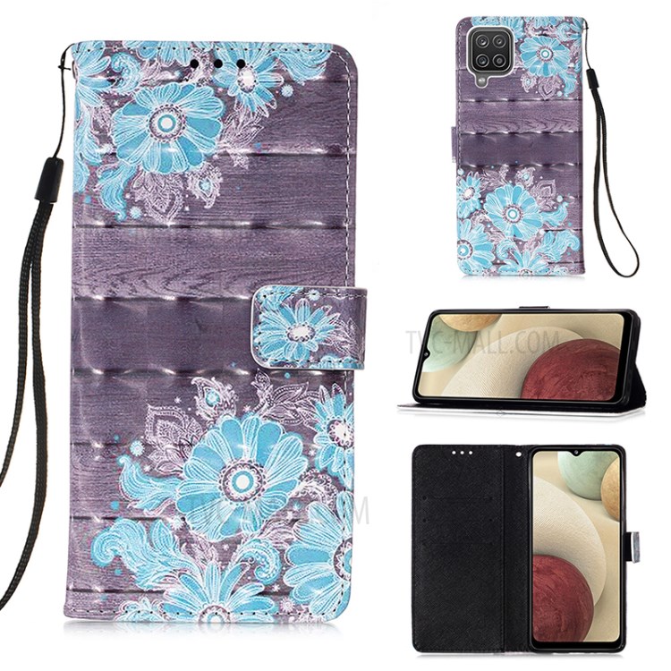 Lanyard Design Pattern Printing Design Leather Phone Case with Wallet and Stand for Samsung Galaxy A12 - Blue Flowers-1