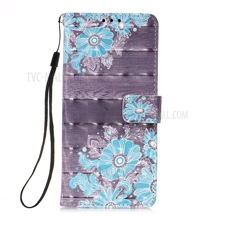 Lanyard Design Pattern Printing Design Leather Phone Case with Wallet and Stand for Samsung Galaxy A12 - Blue Flowers-2
