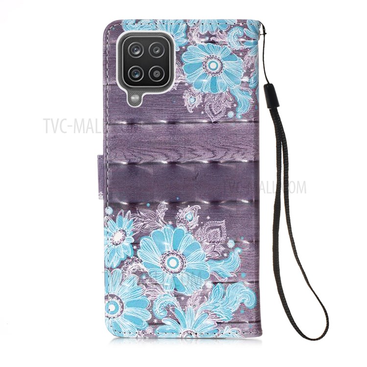 Lanyard Design Pattern Printing Design Leather Phone Case with Wallet and Stand for Samsung Galaxy A12 - Blue Flowers-3