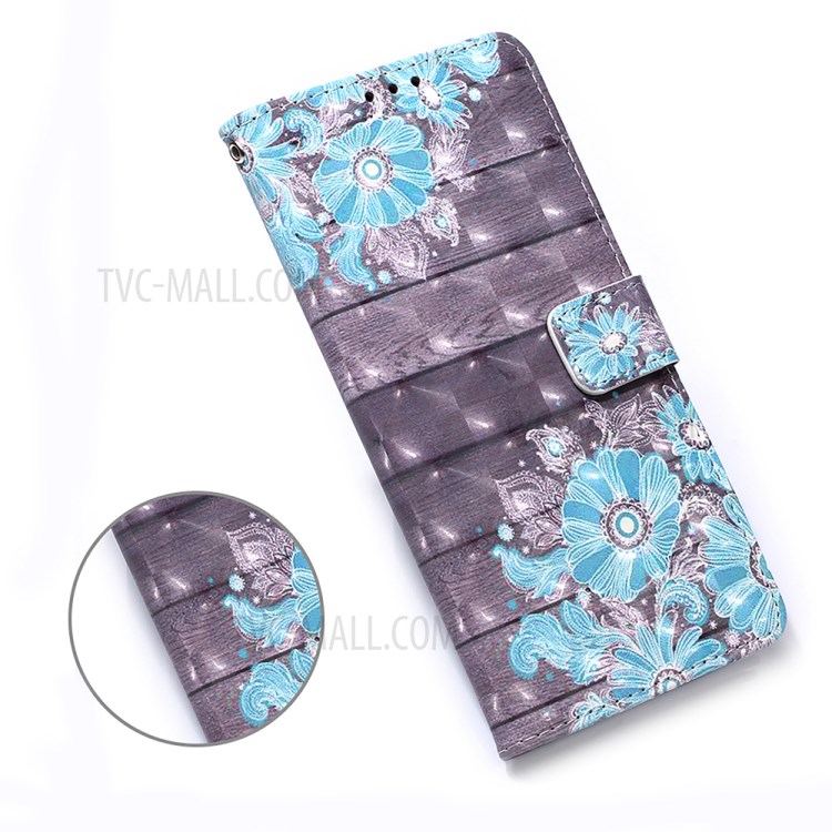 Lanyard Design Pattern Printing Design Leather Phone Case with Wallet and Stand for Samsung Galaxy A12 - Blue Flowers-7