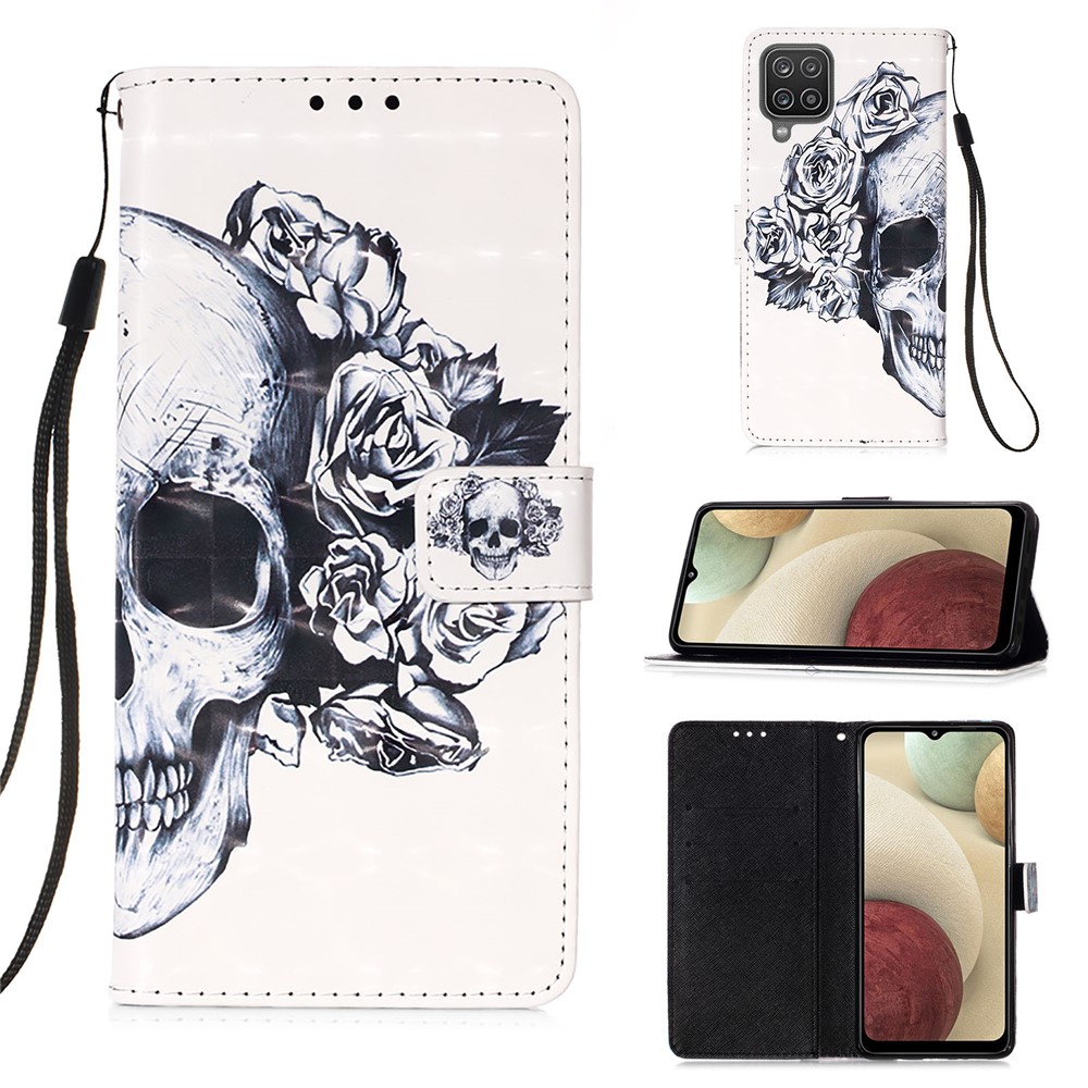 Lanyard Design Pattern Printing Design Leather Phone Case with Wallet and Stand for Samsung Galaxy A12 - Skull and Flowers-1