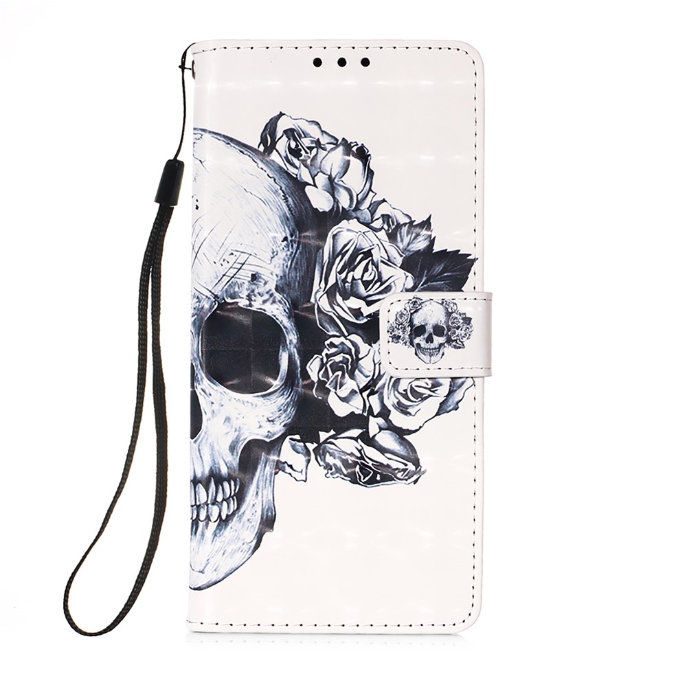 Lanyard Design Pattern Printing Design Leather Phone Case with Wallet and Stand for Samsung Galaxy A12 - Skull and Flowers-2