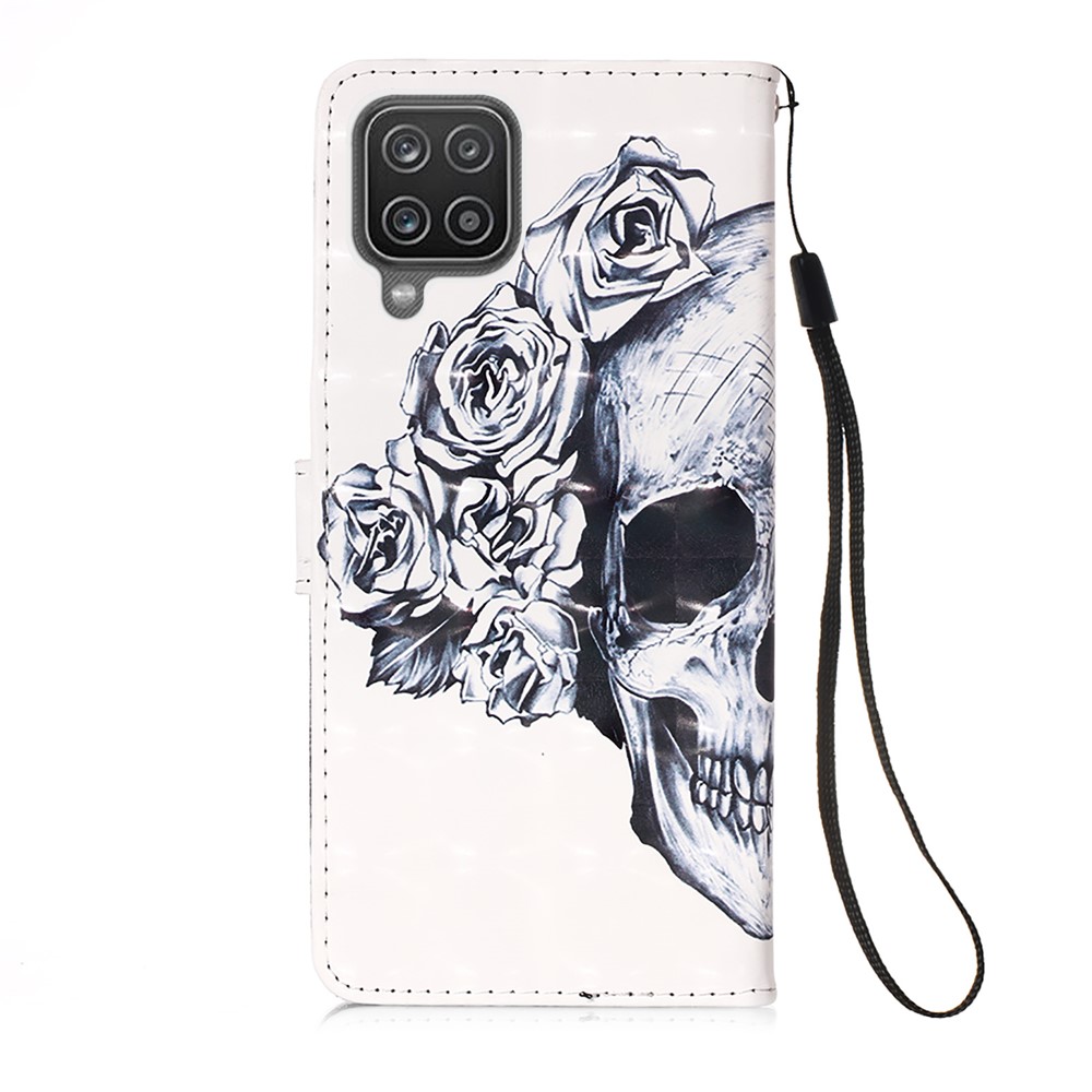 Lanyard Design Pattern Printing Design Leather Phone Case with Wallet and Stand for Samsung Galaxy A12 - Skull and Flowers-3