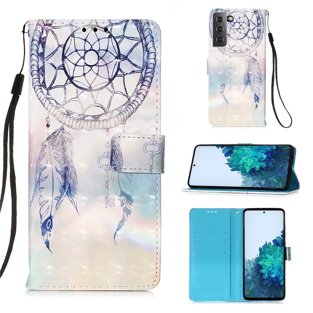 Light Spot Design Pattern Printing Leather Wallet Stand Phone Case with Lanyard for Samsung Galaxy S21 - Dreamcatcher and Rainbow-1