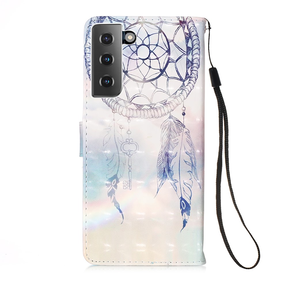 Light Spot Design Pattern Printing Leather Wallet Stand Phone Case with Lanyard for Samsung Galaxy S21 - Dreamcatcher and Rainbow-3
