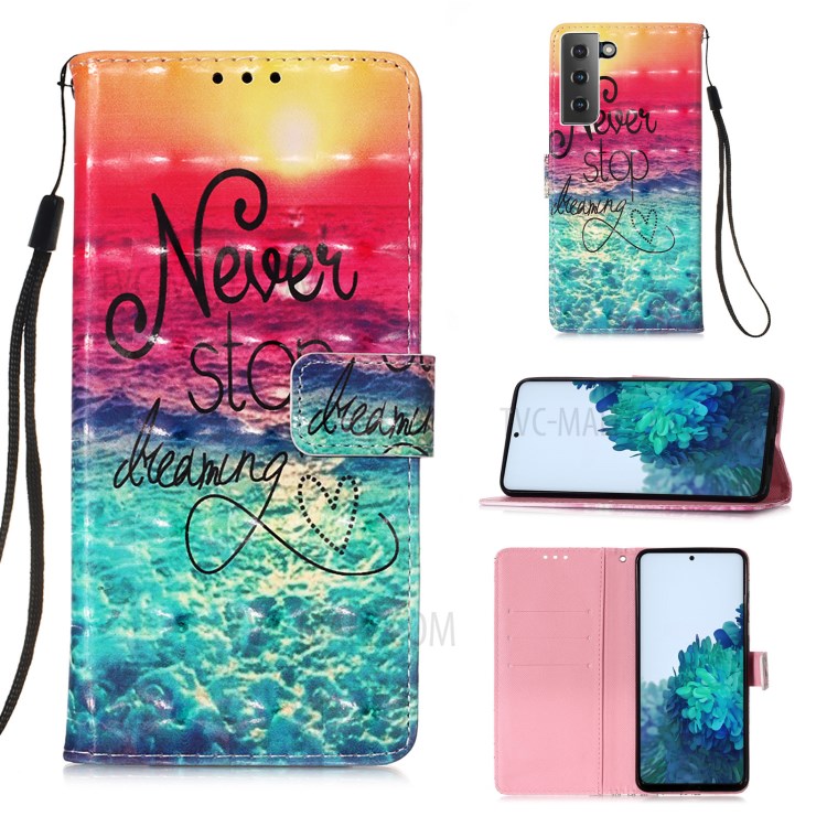 Light Spot Design Pattern Printing Leather Wallet Stand Phone Case with Lanyard for Samsung Galaxy S21 5G - Sea of Clouds/Colorful-1