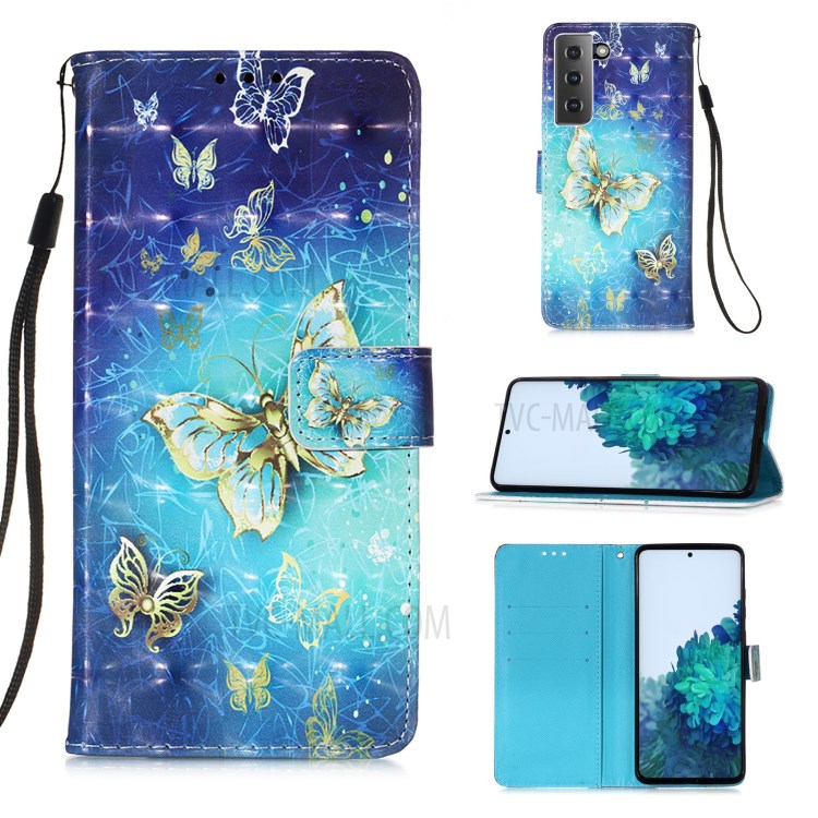 Light Spot Design Pattern Printing Leather Wallet Stand Phone Case with Lanyard for Samsung Galaxy S21 5G - Gold Butterfly-1