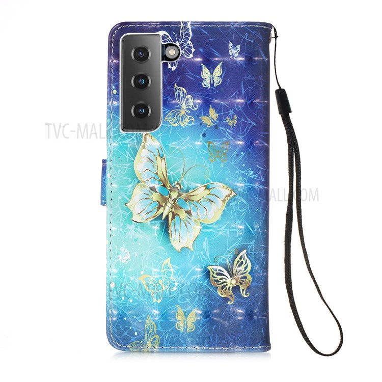 Light Spot Design Pattern Printing Leather Wallet Stand Phone Case with Lanyard for Samsung Galaxy S21 5G - Gold Butterfly-3