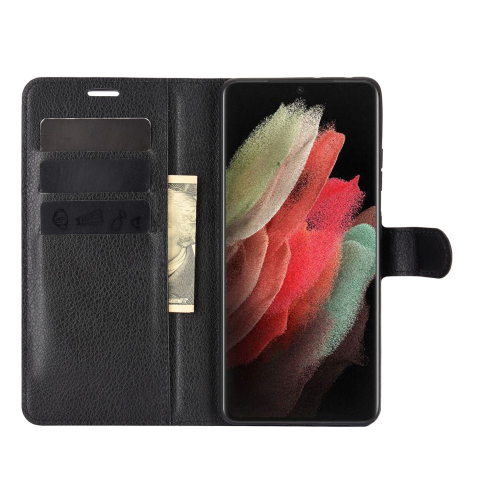 Cubierta Protectora Del Teléfono De Cuero De La Textura De Litchi Con Diseño De Soporte De Billetera Para Samsung Galaxy S21 Ultra - Negro-4